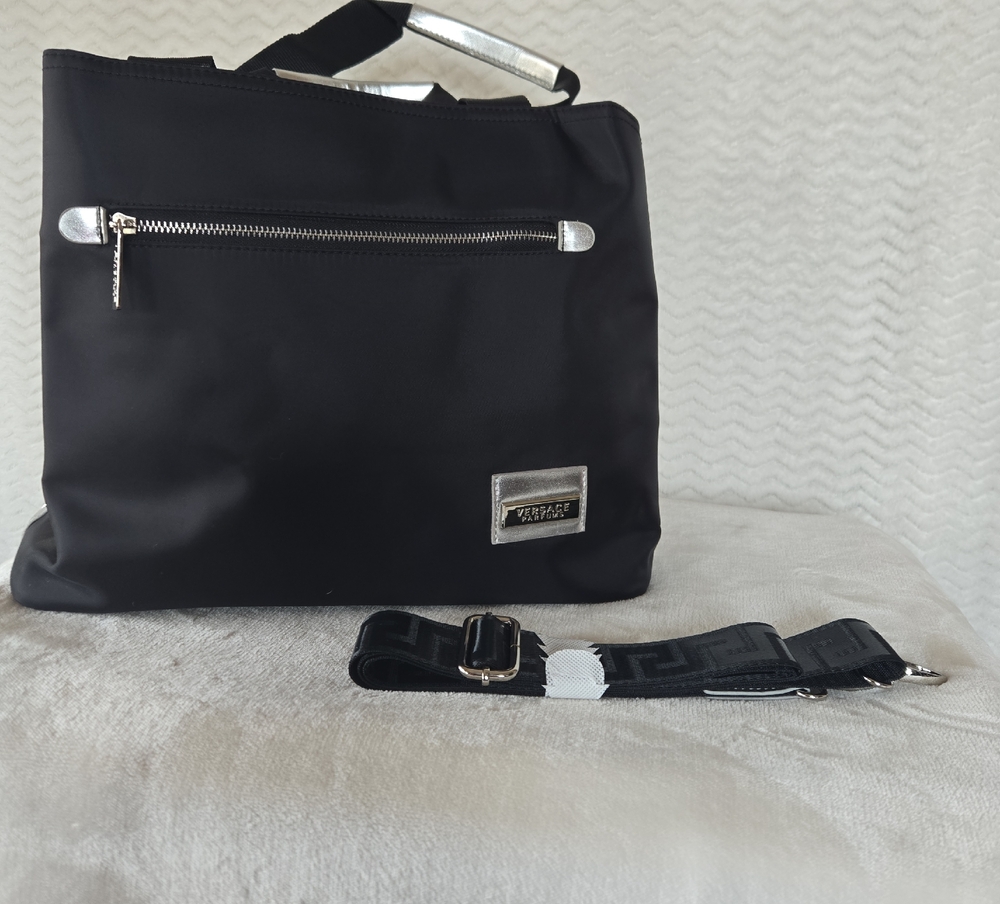 Versace Black Carryall Weekender Bag with Silver Logo.